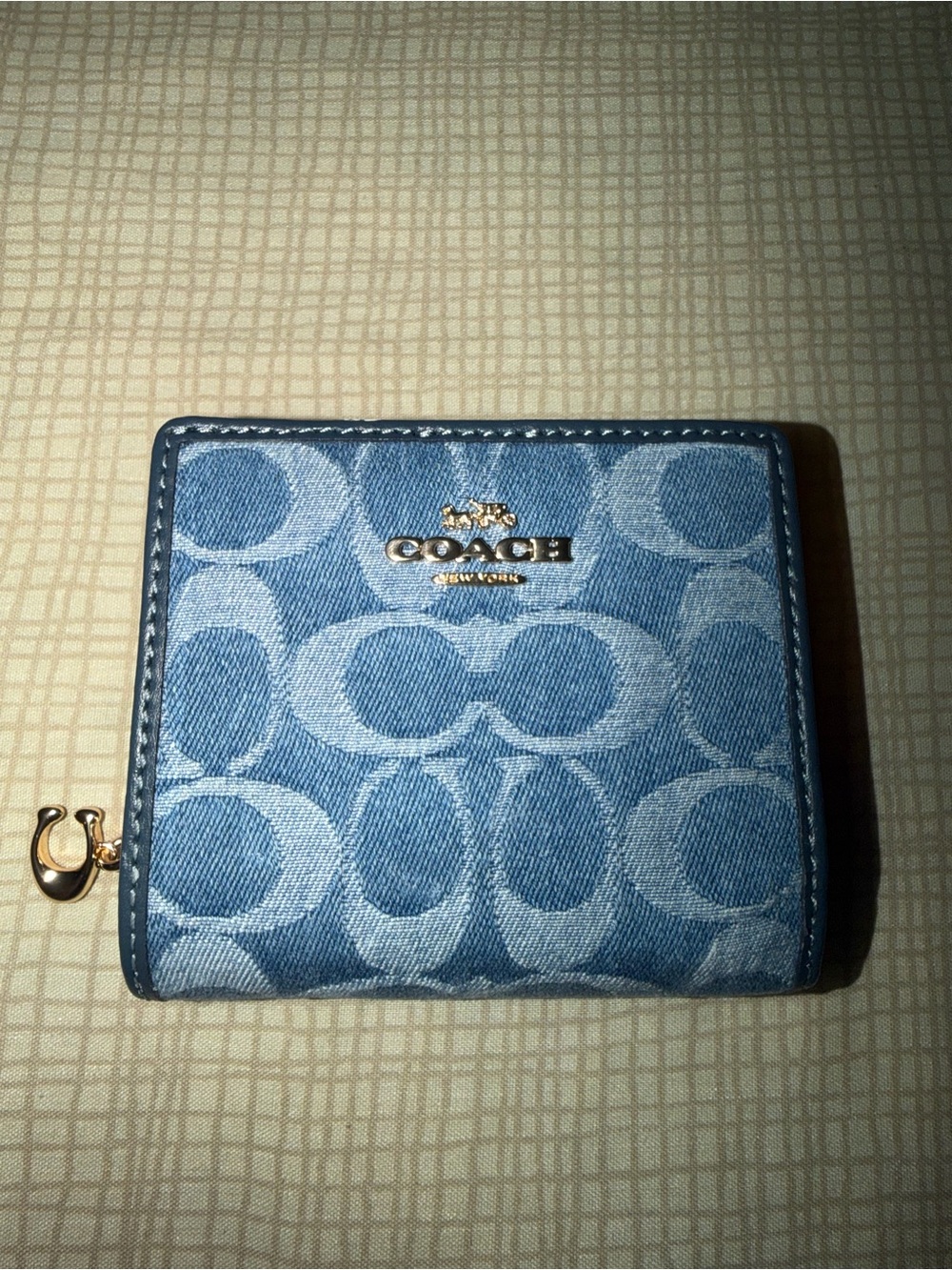 Coach Leather Snap Card Case - Slate Blue with Gold Hardware